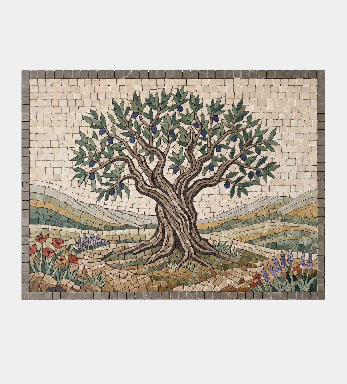 Straight front view of the Olive Tree Landscape hand-cut natural stone mosaic wall panel, showcasing the detailed marble artistry and border.
