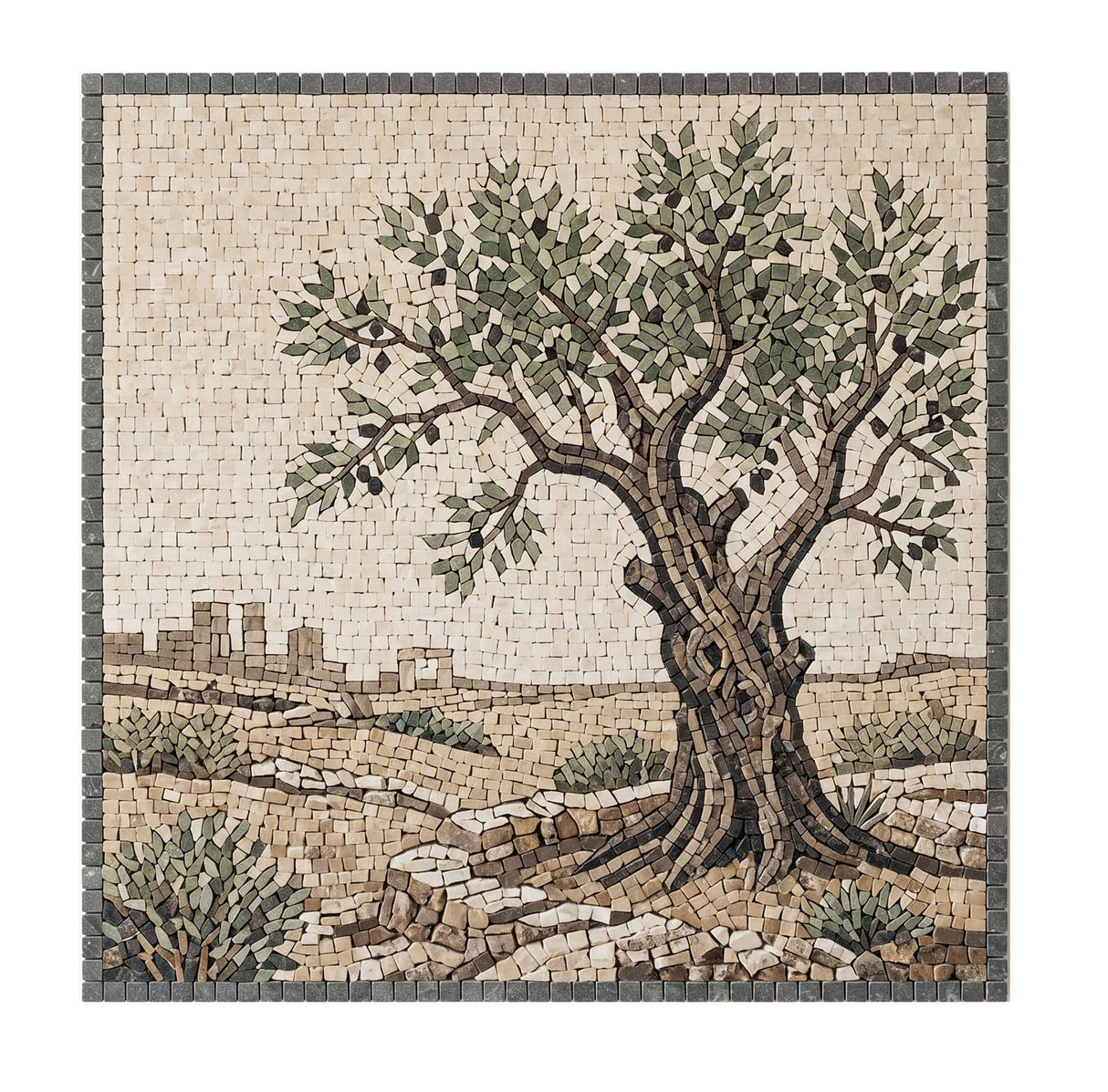 Square kitchen backsplash mural handcrafted from natural marble mosaic displaying a majestic ancient olive tree and a distant stone citadel outline on rocky terrain.