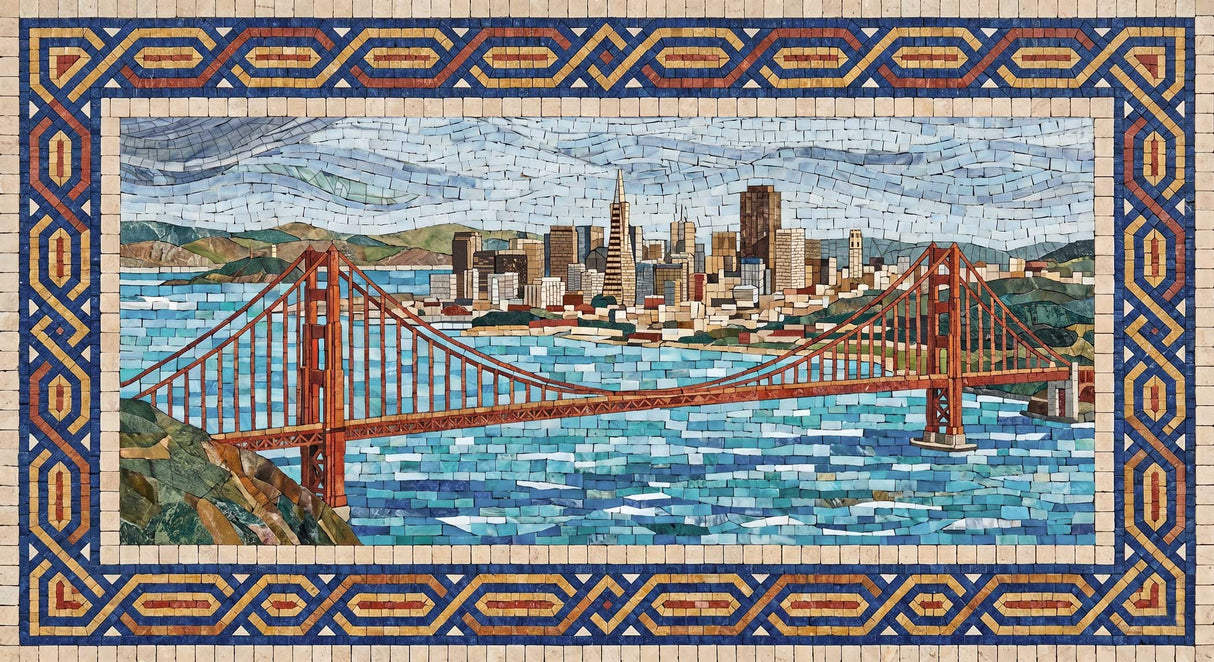 San Francisco skyline and Golden Gate Bridge hand-cut marble mosaic mural by Mistral Mosaics.