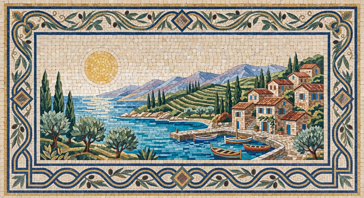 Mediterranean coastal landscape hand-cut marble mosaic mural by Mistral Mosaics.