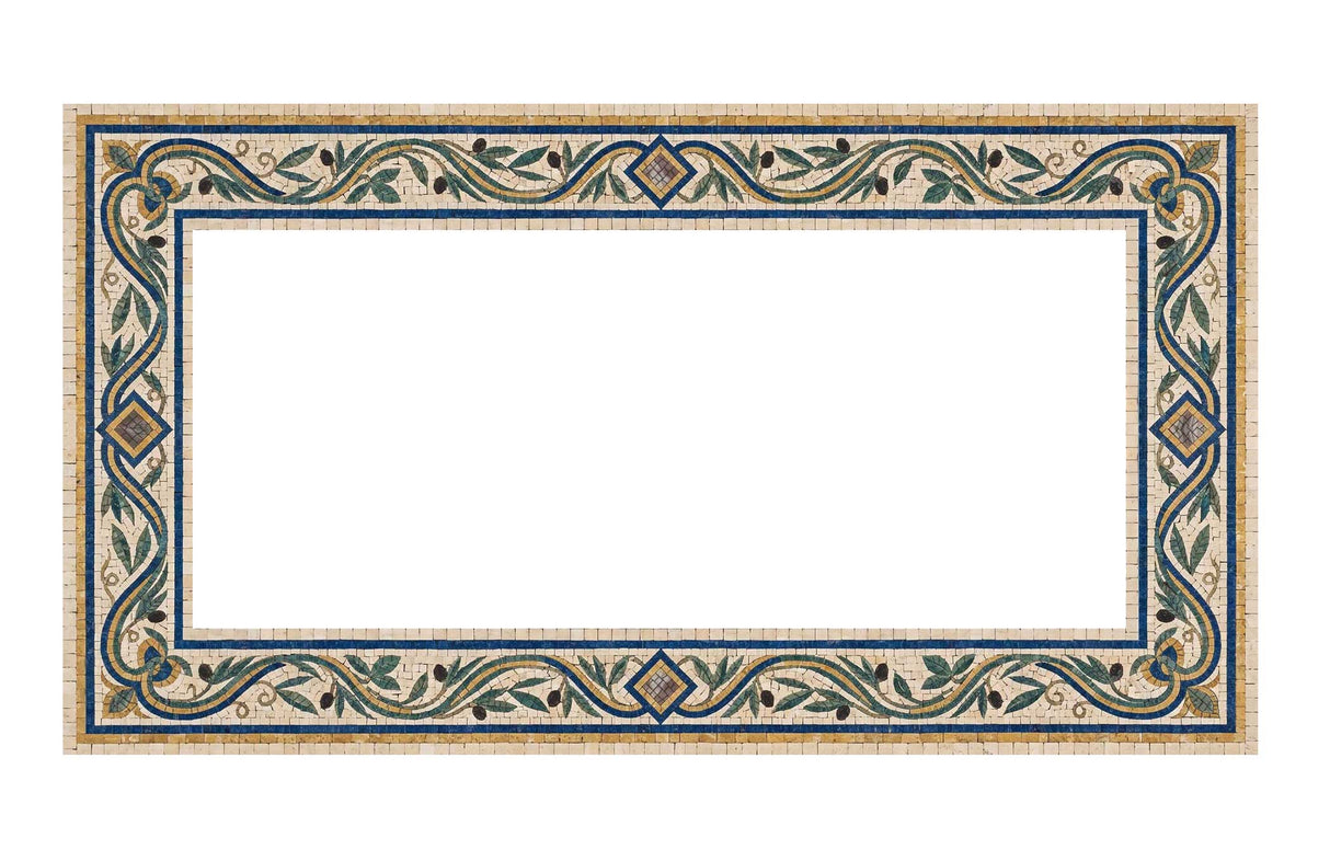 Empty rectangular frame Mediterranean marble mosaic border with green olive vines and blue geometric diamond corners on a white background.