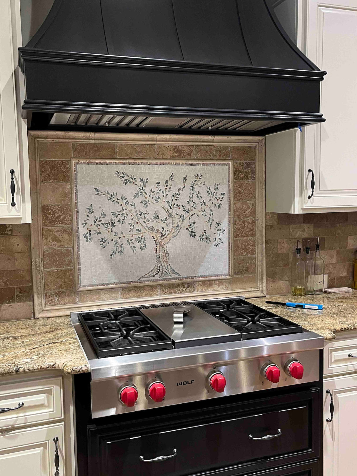 Olive Tree lInstalled Mediterranean Style Marble Mosiac Backsplash