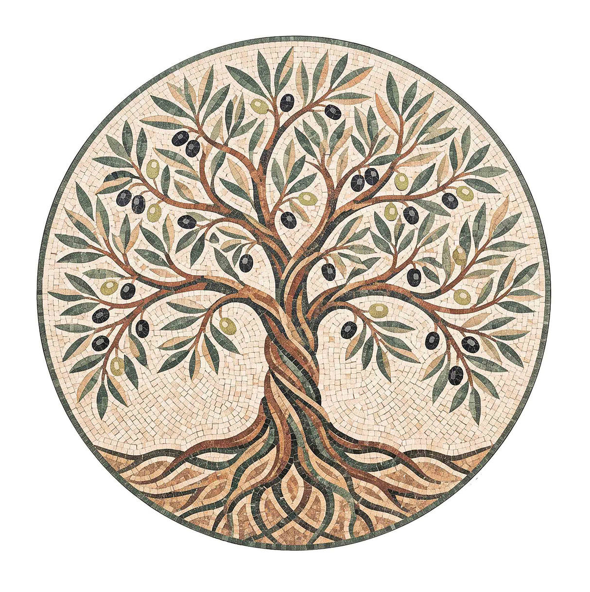 A circular mosaic-style artwork of an olive tree with brown branches and roots, green leaves, and black and olive-green olives on a light beige background.