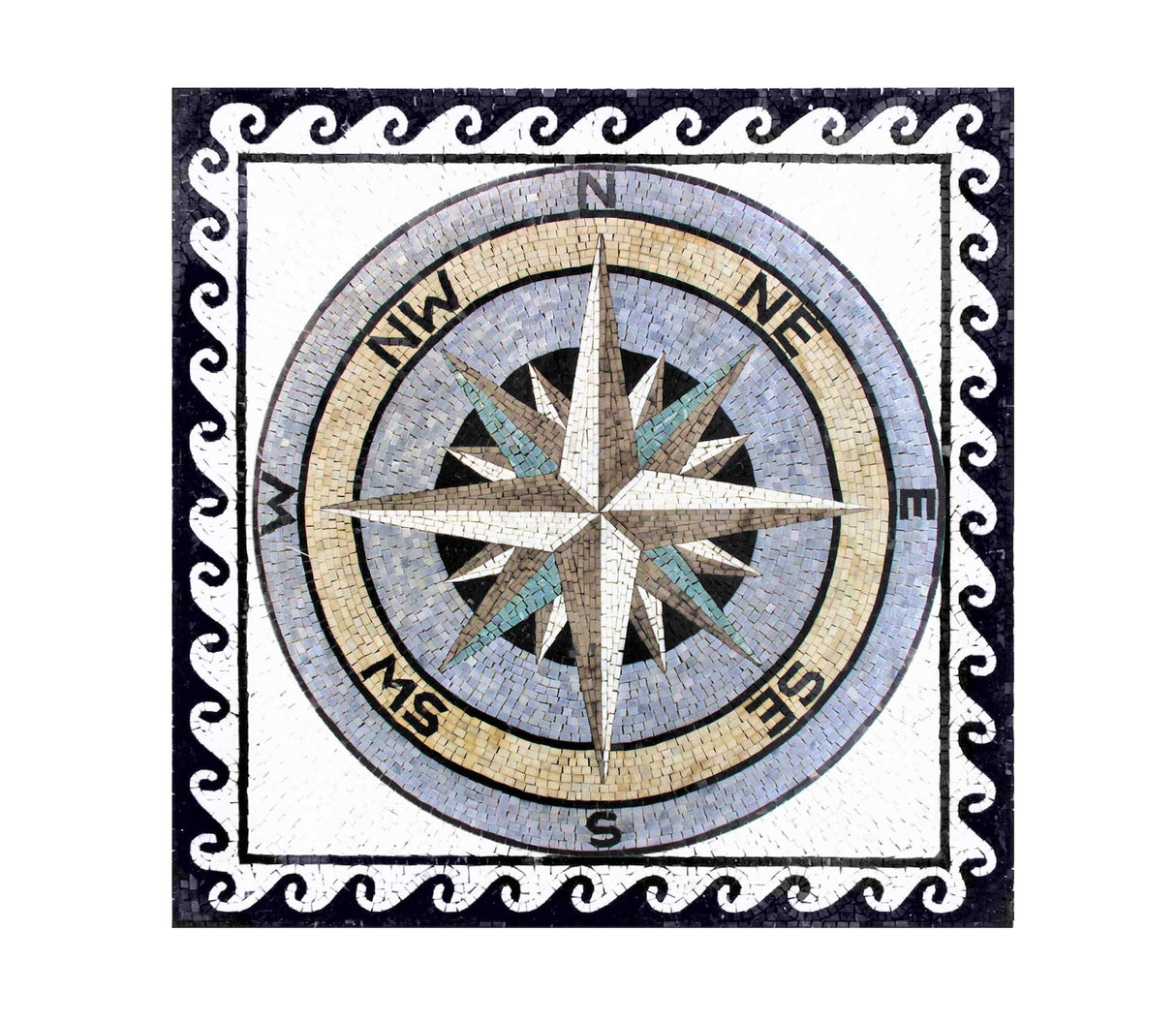 handcrafted nautical compass rose square marble mosaic medallion with a running wave border.