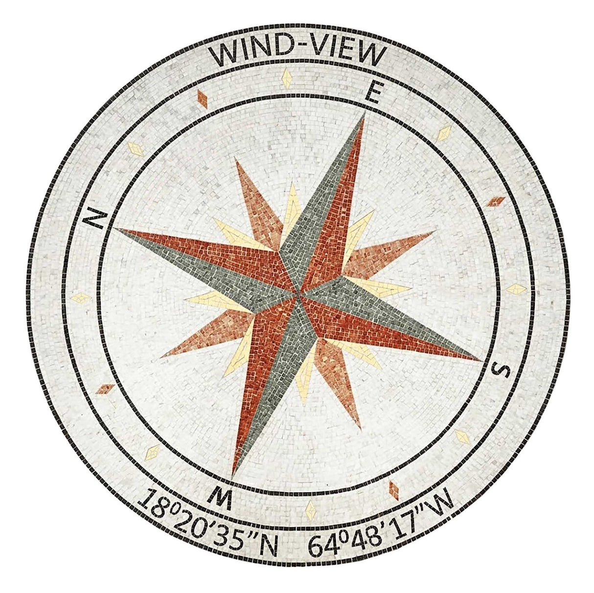 A circular compass rose mosaic design with a central eight-pointed star in rust red, gray, and pale yellow, surrounded by black navigational markings and bespoke estate name at the top, on a white background.