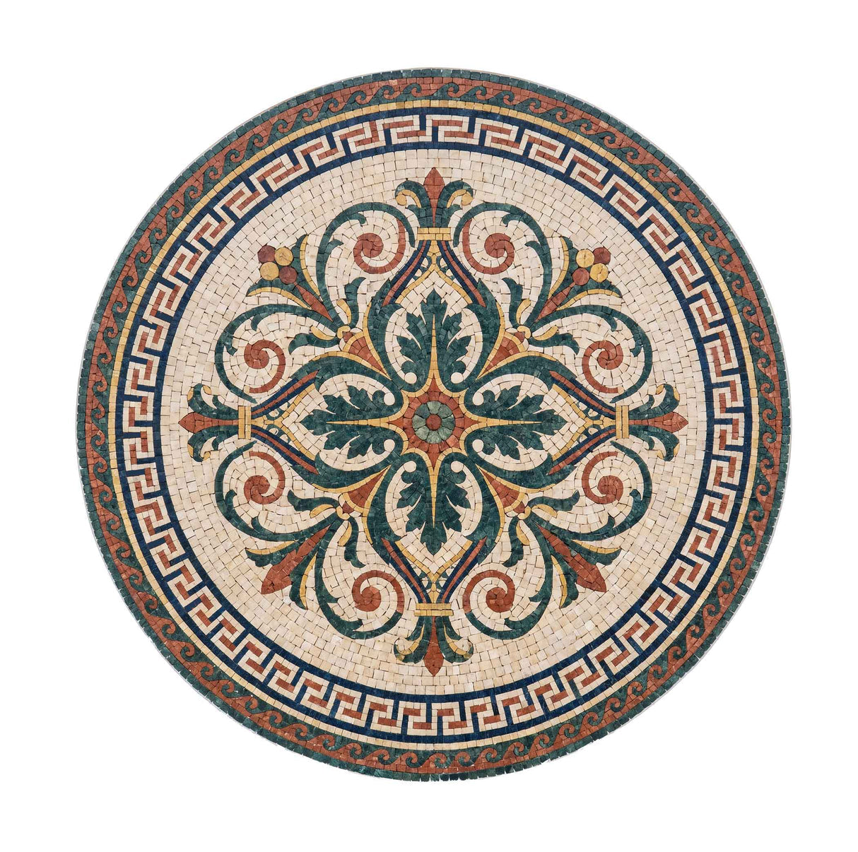 Handcrafted round marble mosaic featuring a Greek Key border and classical acanthus leaf scrollwork in teal green, terracotta red, and yellow marble.