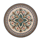 Handcrafted round marble mosaic featuring a Greek Key border and classical acanthus leaf scrollwork in teal green, terracotta red, and yellow marble.