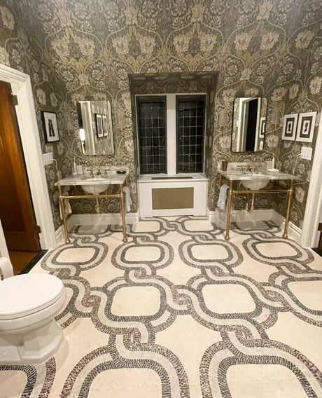 Infinity rope chain marble mosaic flooring installation layout in a private residence project