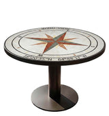 Bespoke Handcrafted round marble mosaic table top featuring a custom nautical compass rose with personalized estate name text and geographic coordinates in terracotta red and sage green marble.