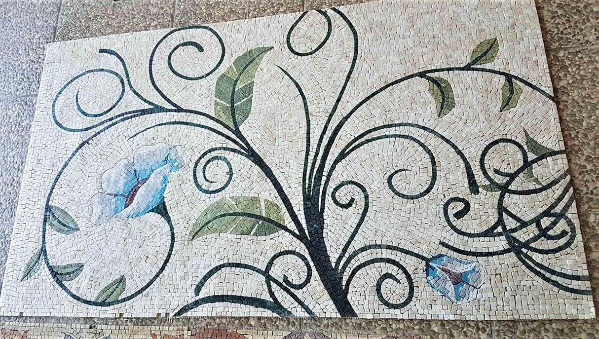 Mediterranean Azure Floral Vine Custom Scrolled Marble Mosaic Flooring