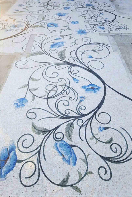 Decorative floor with floral patterns and blue flowers on a light background