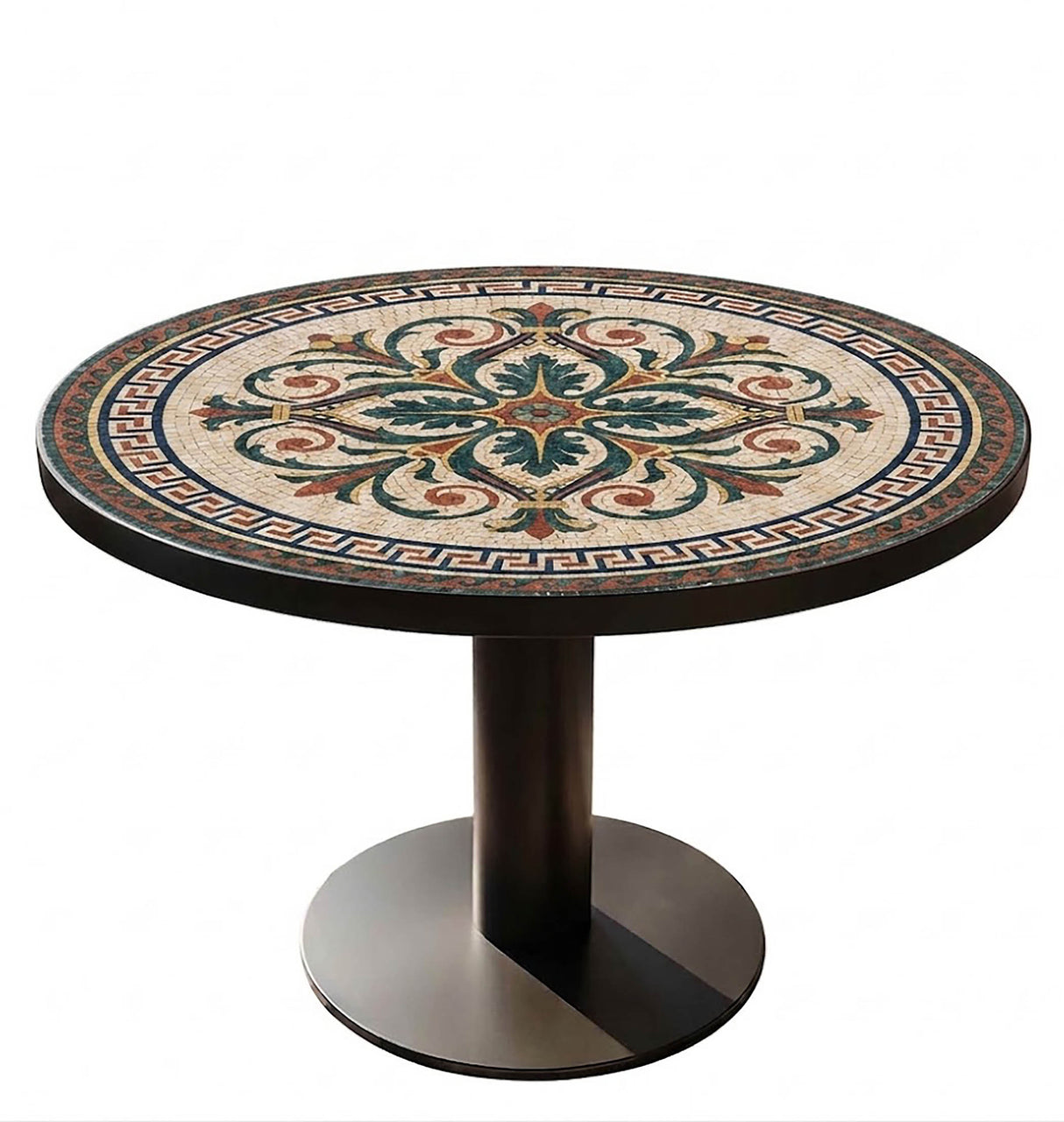 Handcrafted round marble mosaic table top featuring a Greek Key border and classical acanthus leaf scrollwork in teal green, terracotta red, and yellow marble.