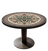 Handcrafted round marble mosaic table top featuring a Greek Key border and classical acanthus leaf scrollwork in teal green, terracotta red, and yellow marble.