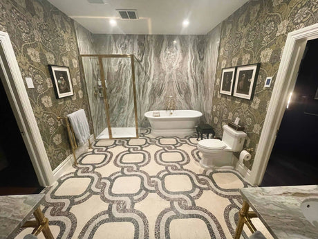 Infinity rope chain marble mosaic flooring installation layout in a high-end residence.
