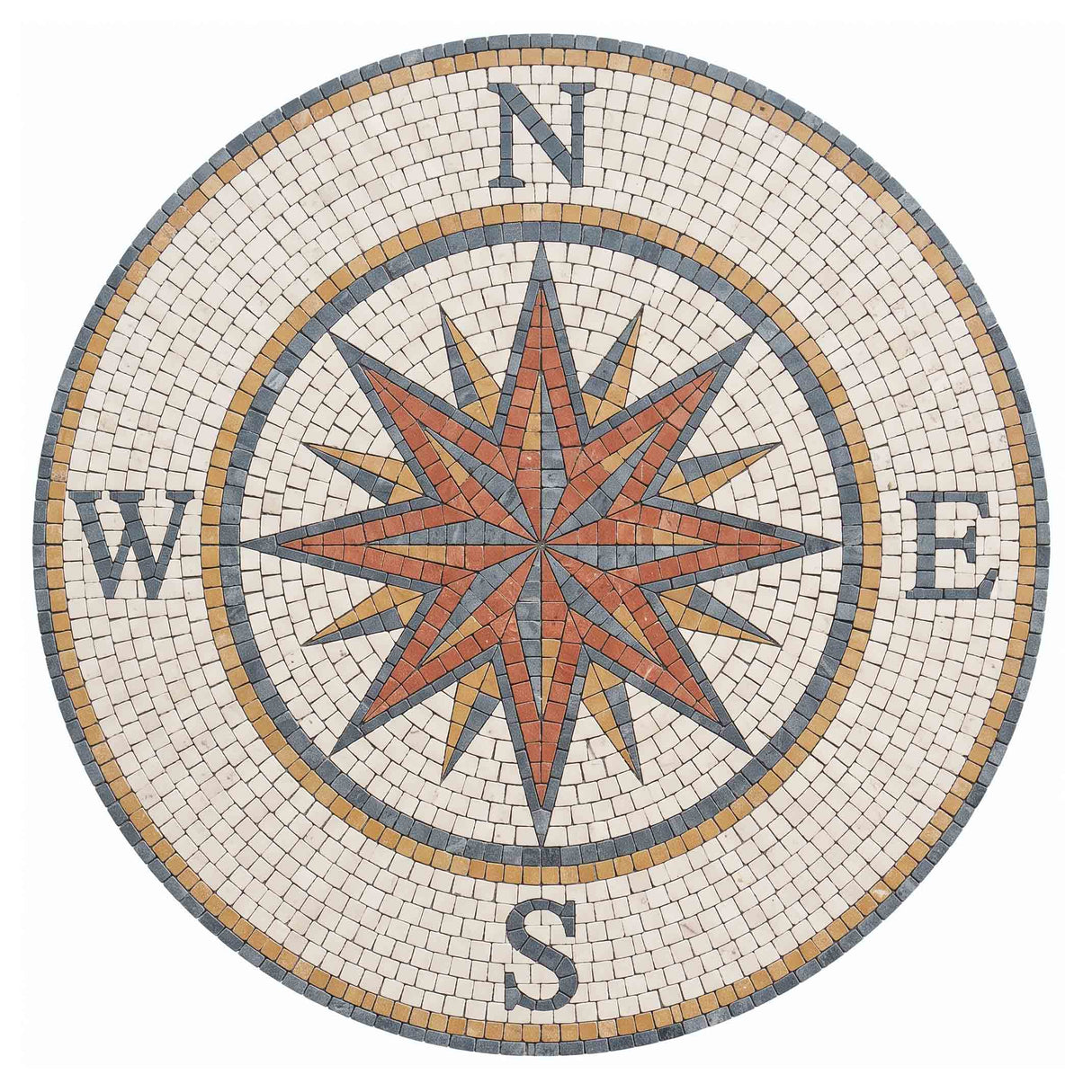 Handcrafted round marble mosaic medallion featuring a classical 16-point compass star with cardinal N S E W letters in terracotta red, slate grey, ochre, and cream stone.