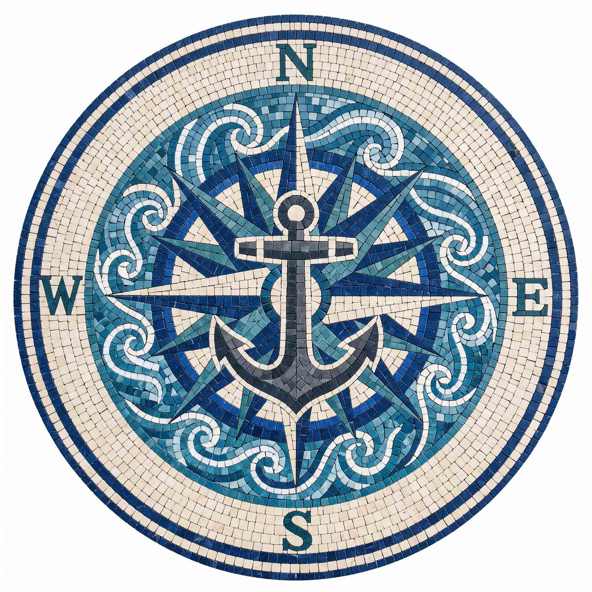 Handcrafted round nautical marble mosaic medallion featuring a central anchor over a compass rose with cobalt blue ocean waves and cardinal N S E W letters.