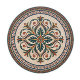 Round acanthus floral marble mosaic medallion with a navy blue Greek Key border