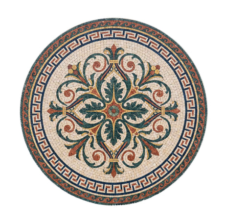 Round acanthus floral marble mosaic medallion with a navy blue Greek Key border