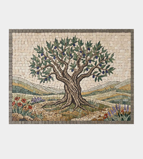 Straight front view of the Olive Tree Landscape hand-cut natural stone mosaic wall panel, showcasing the detailed marble artistry and border.