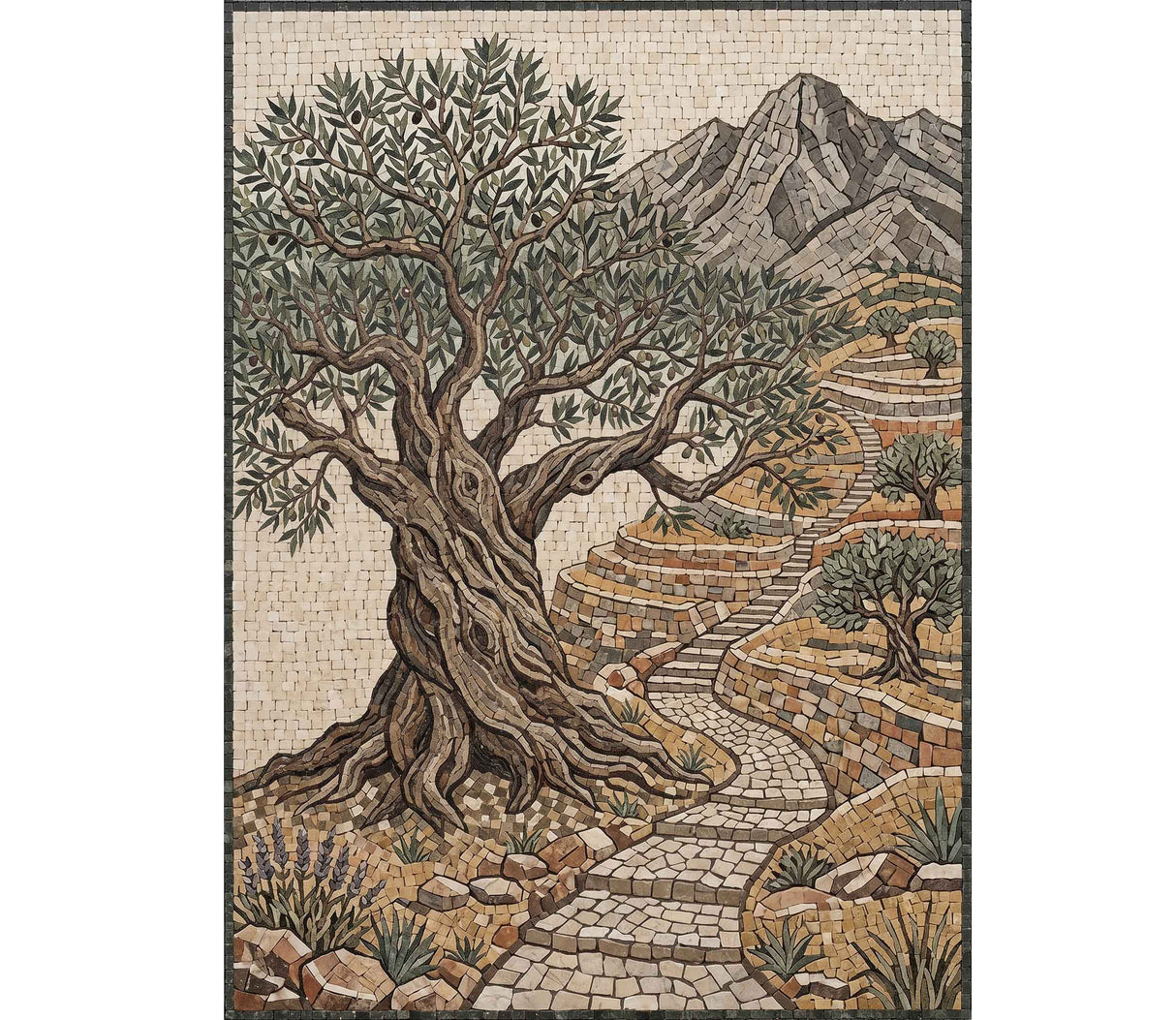 Vertical kitchen backsplash mural handcrafted from natural marble mosaic showing an ancient twisted olive tree next to a winding stone path on a terraced mountain hillside.