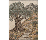 Vertical kitchen backsplash mural handcrafted from natural marble mosaic showing an ancient twisted olive tree next to a winding stone path on a terraced mountain hillside.