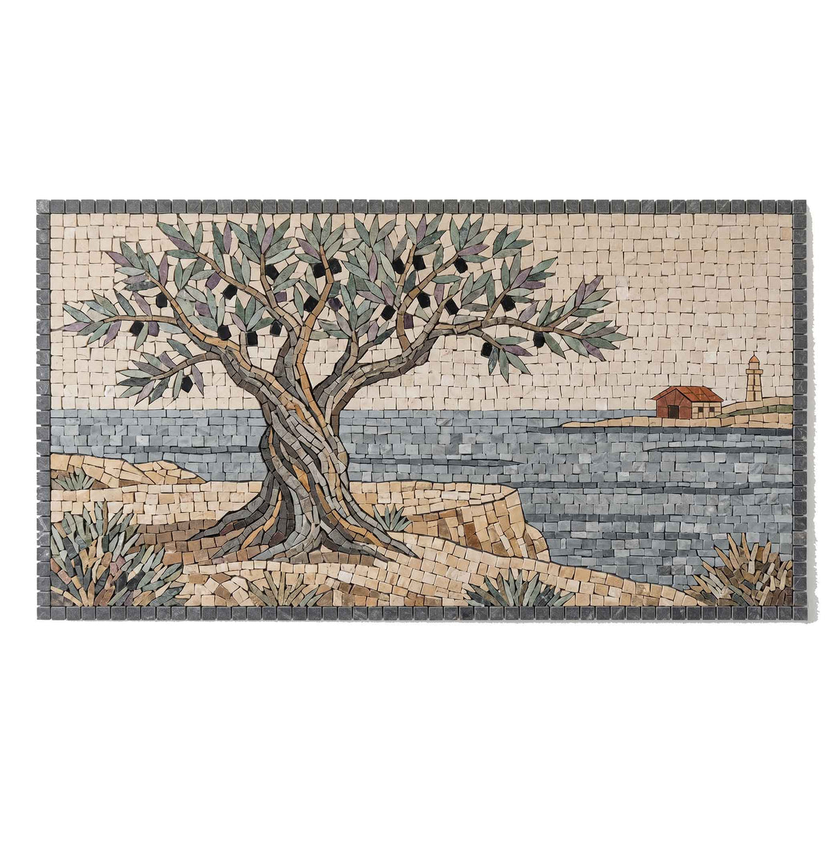 Luxury kitchen range hood backsplash featuring a handcrafted natural marble mosaic mural of a Mediterranean olive tree, blue sea, and a coastal lighthouse.