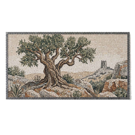 Historic Sicilian style kitchen range hood backsplash mural made of handcrafted marble mosaic featuring an ancient twisted olive tree and stone ruins on a rocky hillside.