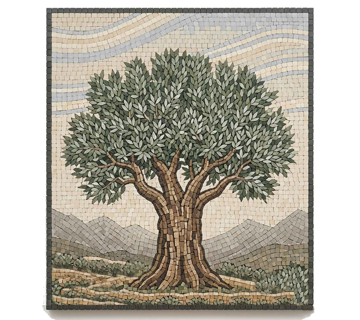 Symmetrical kitchen backsplash mural handcrafted from natural marble mosaic featuring a centered grand olive tree under a flowing, wavy stone sky.