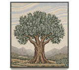 Symmetrical kitchen backsplash mural handcrafted from natural marble mosaic featuring a centered grand olive tree under a flowing, wavy stone sky.