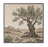 Square kitchen backsplash mural handcrafted from natural marble mosaic displaying a majestic ancient olive tree and a distant stone citadel outline on rocky terrain.