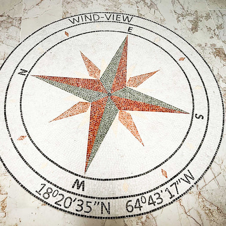 Elevate your spaces with a handcrafted custom coordinates nautical compass rose round marble mosaic floor medallion tile.