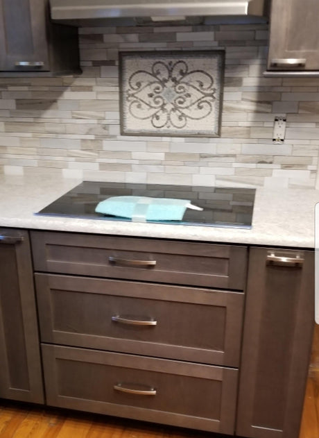 Scrolls Design Kitchen Marble Mosaic Backsplash Wide View