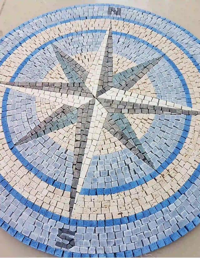 Round Blue Nautical Compass Mosaic Medallion