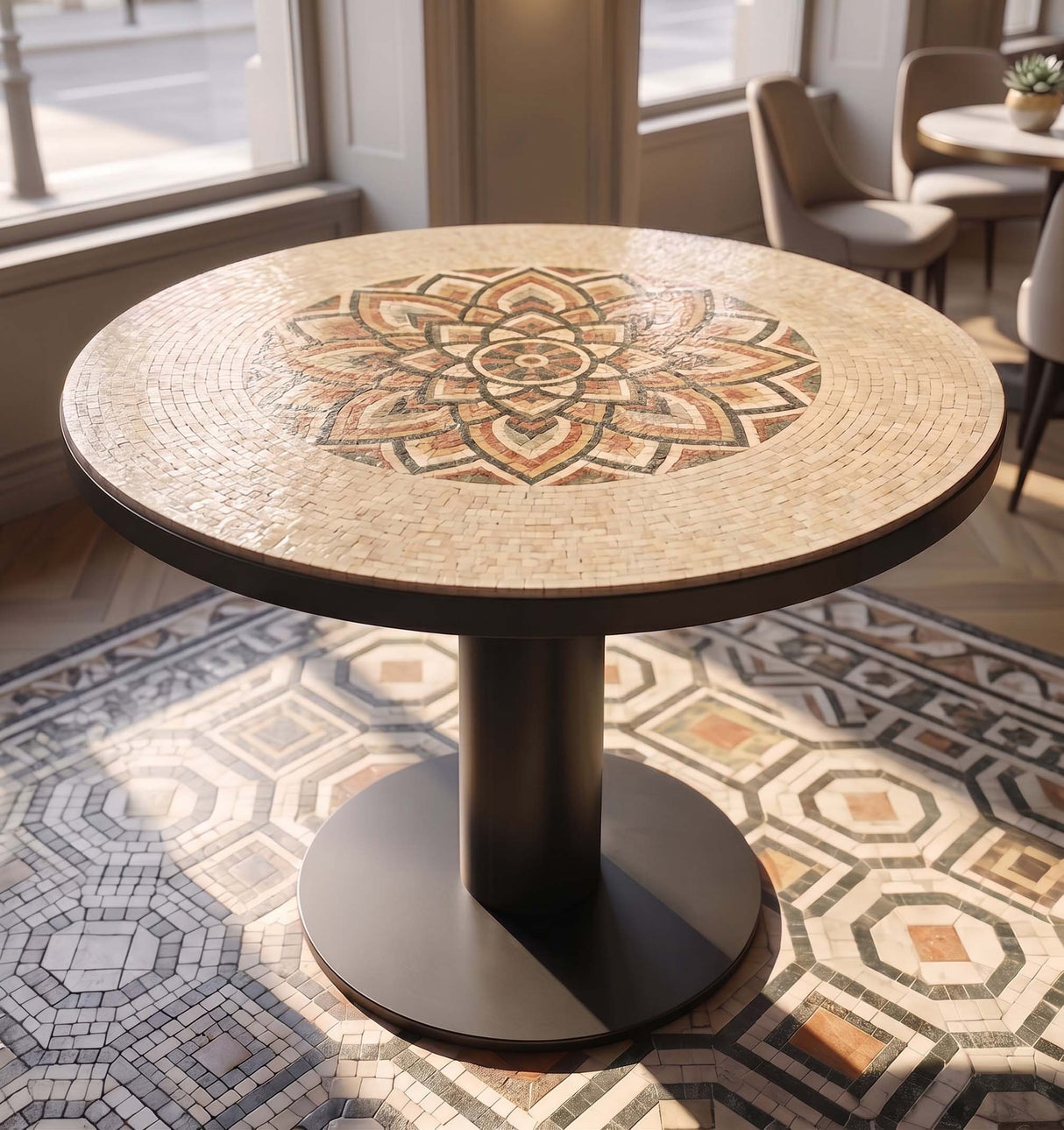 Circular marble mosaic top mounted on a table base