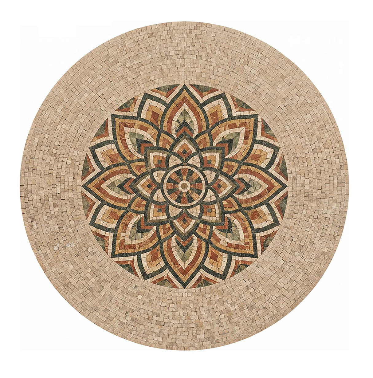 Handcrafted round marble mosaic tabletop featuring a classical geometric star medallion pattern with natural beige, terracotta, and black stone tesserae