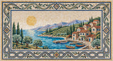 Mediterranean coastal landscape hand-cut marble mosaic mural by Mistral Mosaics.