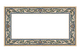 Empty rectangular frame Mediterranean marble mosaic border with green olive vines and blue geometric diamond corners on a white background.