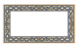Mediterranean-style marble mosaic border with olive vine scrolls, blue wave lines, and geometric diamond interlocking corners.