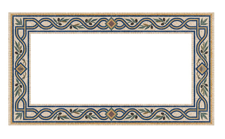 Mediterranean-style marble mosaic border with olive vine scrolls, blue wave lines, and geometric diamond interlocking corners.