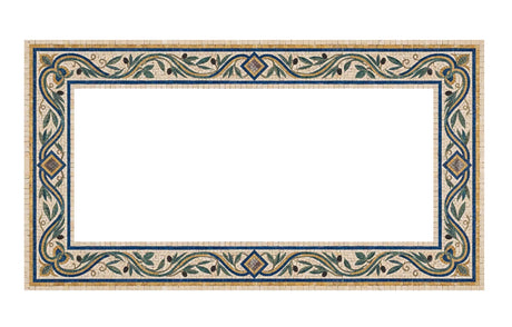 Elegant rectangular luxury mirror frame crafted from Mediterranean marble mosaic featuring green olive vines and blue geometric diamond corners.