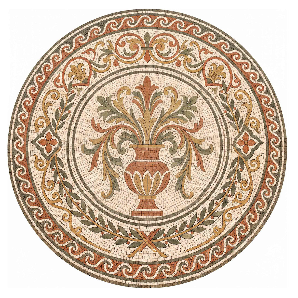 Handcrafted round marble mosaic medallion featuring a central terracotta Roman urn with acanthus leaves, a laurel wreath garland, and an outer Vitruvian wave border in green and red marble.
