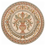 Handcrafted round marble mosaic medallion featuring a central terracotta Roman urn with acanthus leaves, a laurel wreath garland, and an outer Vitruvian wave border in green and red marble.