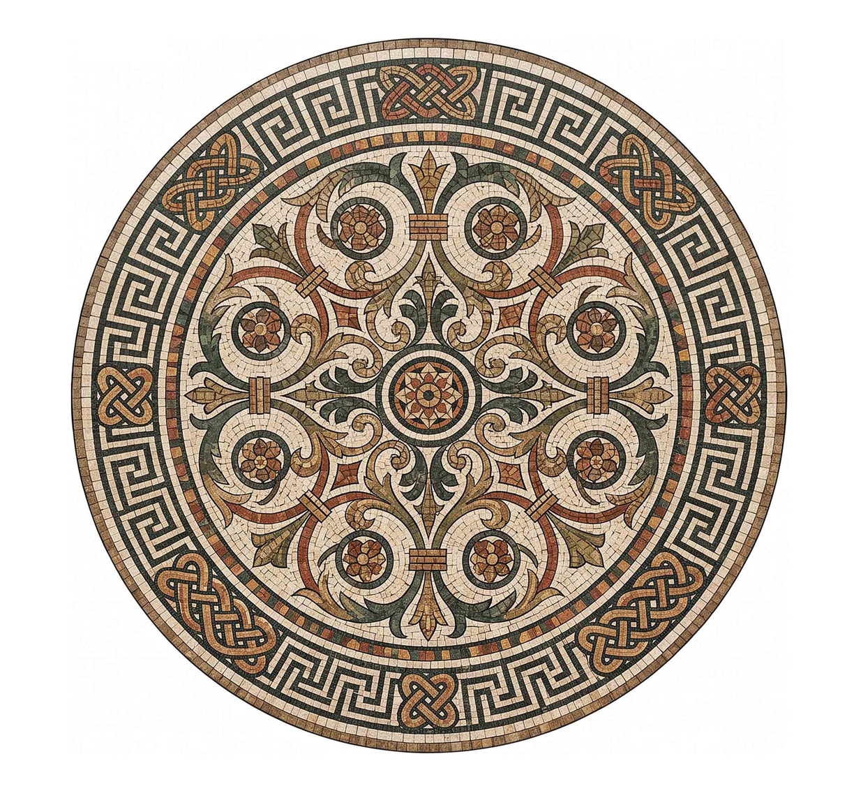 A circular mosaic table top design featuring an intricate symmetrical floral and geometric pattern in beige, brown, black, and muted orange, isolated on a white background.
