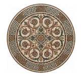 A circular mosaic table top design featuring an intricate symmetrical floral and geometric pattern in beige, brown, black, and muted orange, isolated on a white background.