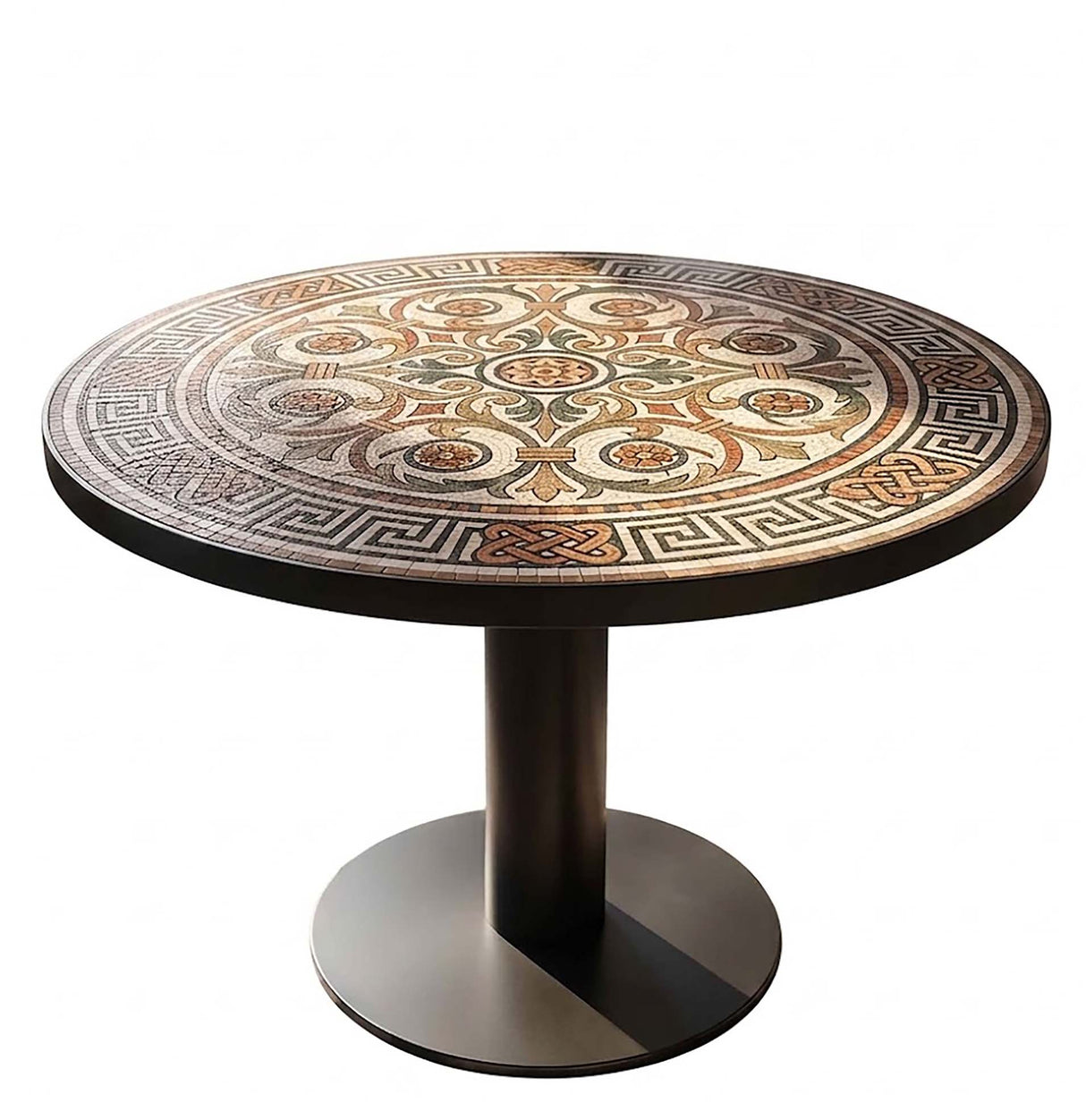 Handcrafted round marble mosaic tabletop featuring a classical Greek Key border, Celtic knot woven accents, and green and terracotta floral arabesque scrollwork
