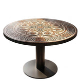 Handcrafted round marble mosaic tabletop featuring a classical Greek Key border, Celtic knot woven accents, and green and terracotta floral arabesque scrollwork