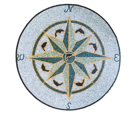 Personalize Marble Mosaic Nautical Compass Medallion Artwork Tiles Dolphin Mosaic Medallion Tiles