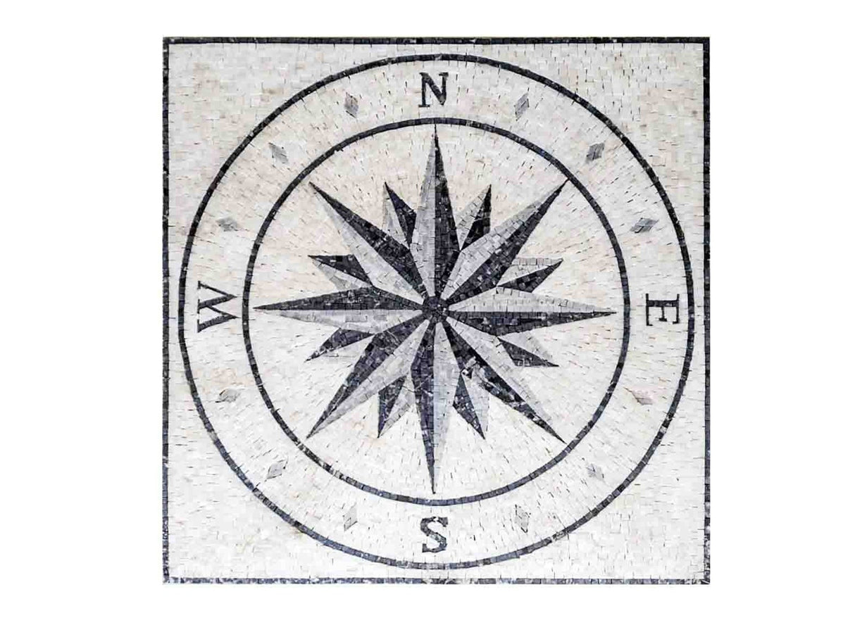 custom handcrafted square nautical compass rose mesh-backed marble mosaic medallion.