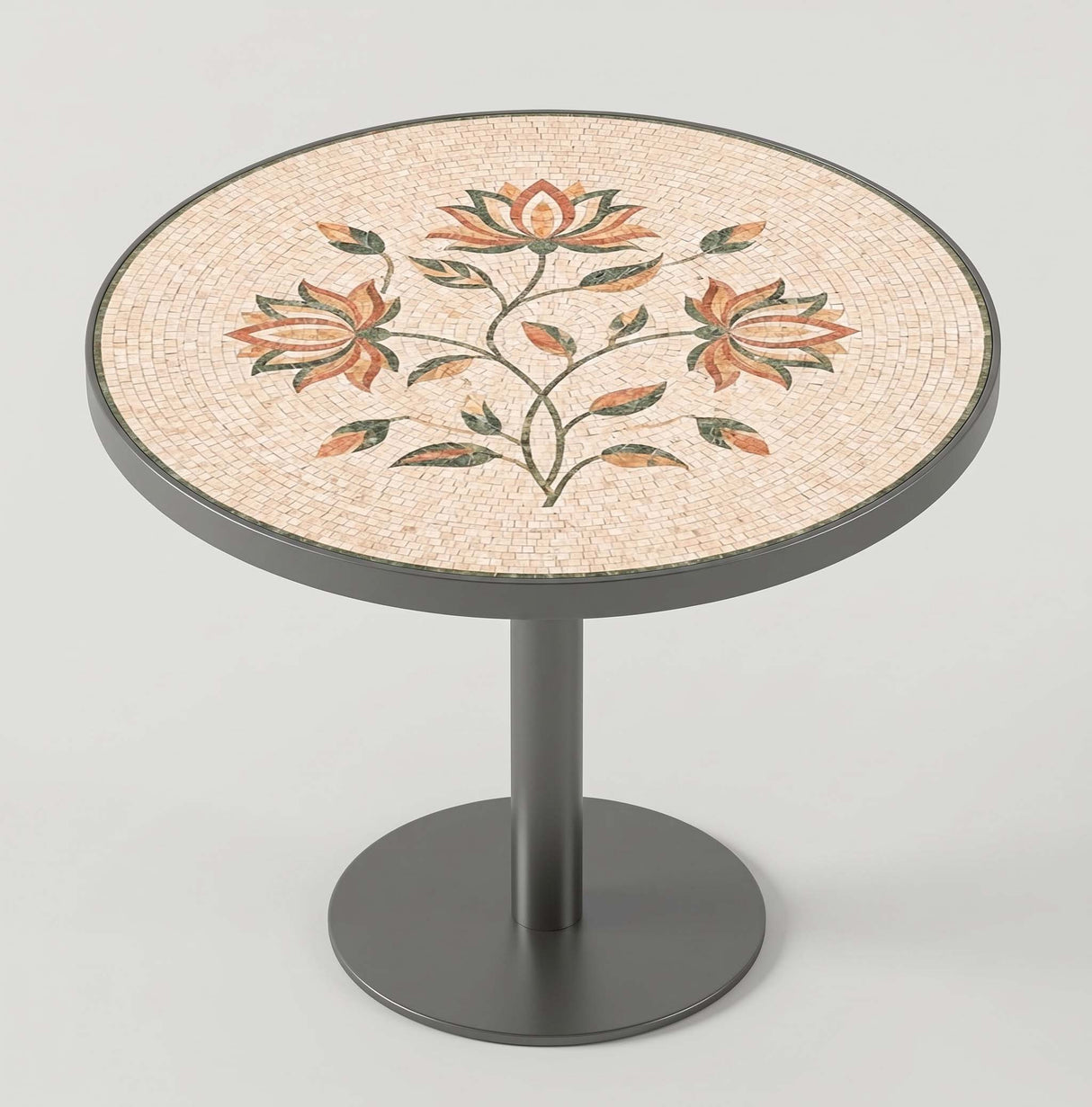 Handcrafted round marble mosaic tabletop featuring a central lotus flower motif with terracotta petals and green leaves on a cream background.