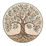 A circular mosaic-style artwork of an olive tree with brown branches and roots, green leaves, and black and olive-green olives on a light beige background.